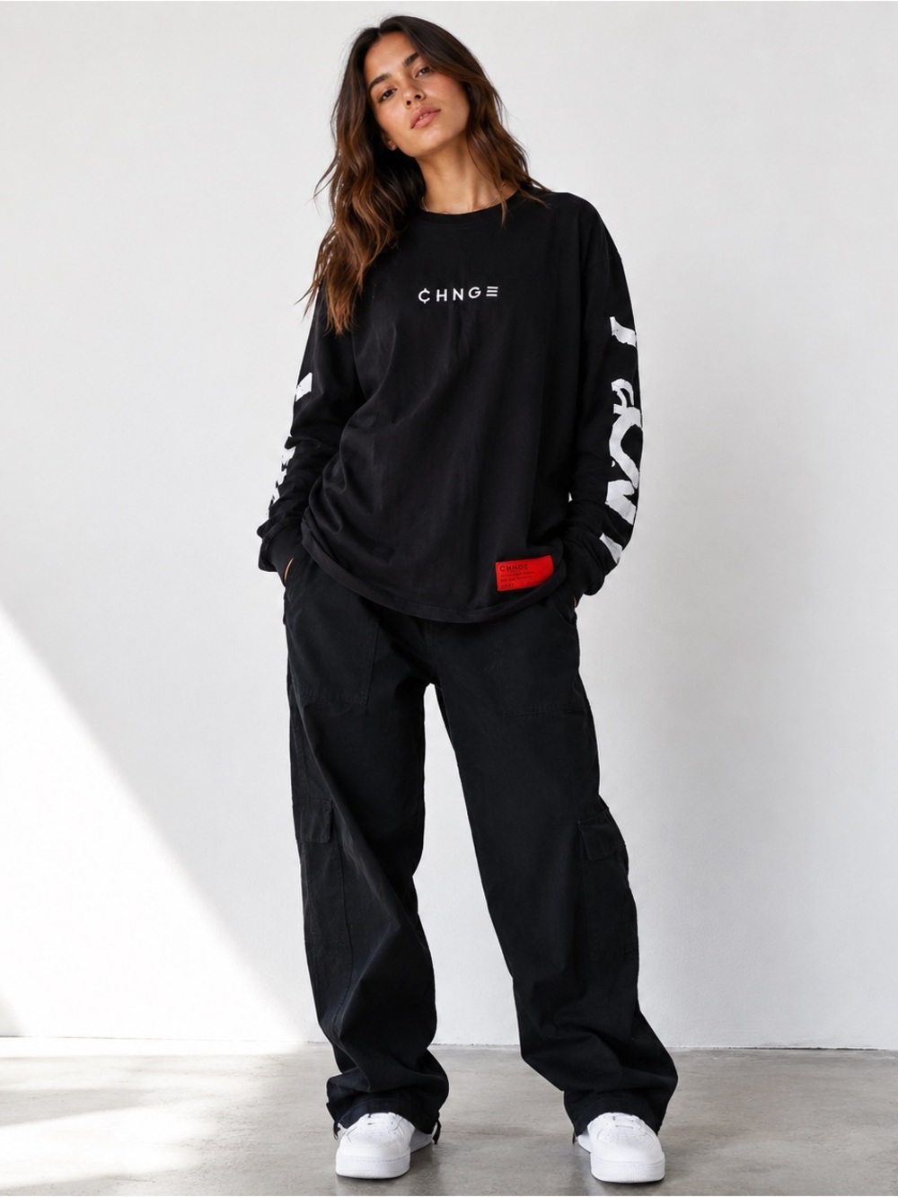 CHNGE Black Long Sleeve Tee with White Logo